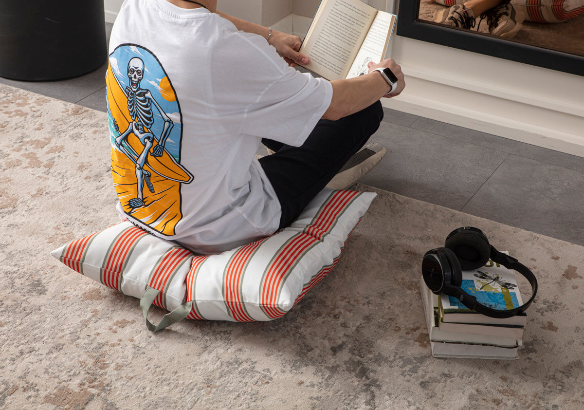 Kare Yer Minderi Aynasız, Dekoratif Puf Minder Kare, Taşınabilir Yastık, Turuncu Çizgili