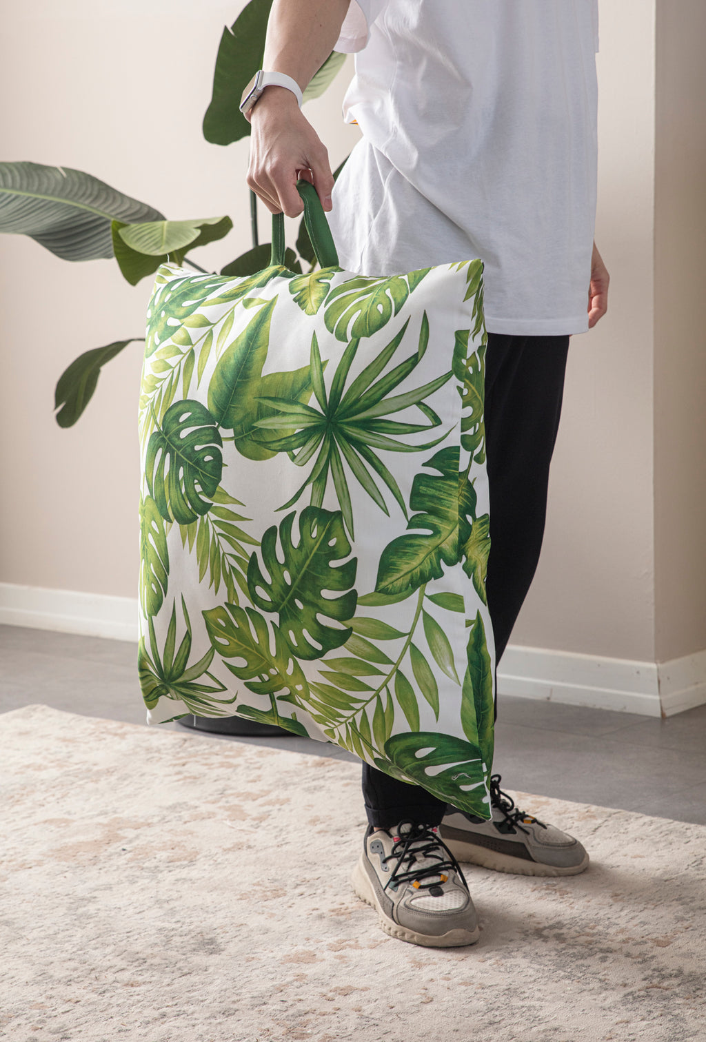 Kare Yer Minderi Aynasız, Dekoratif Puf Minder Kare, Taşınabilir Yastık, Yeşil Yaprak Desenli