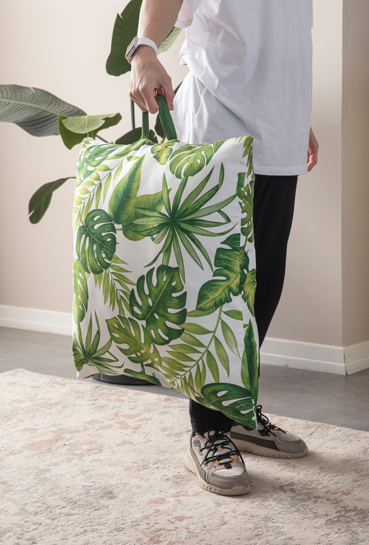 Kare Yer Minderi Aynasız, Dekoratif Puf Minder Kare, Taşınabilir Yastık, Yeşil Yaprak Desenli