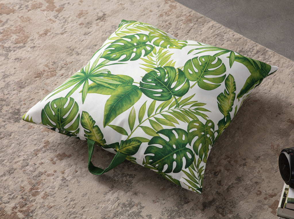 Kare Yer Minderi Aynasız, Dekoratif Puf Minder Kare, Taşınabilir Yastık, Yeşil Yaprak Desenli