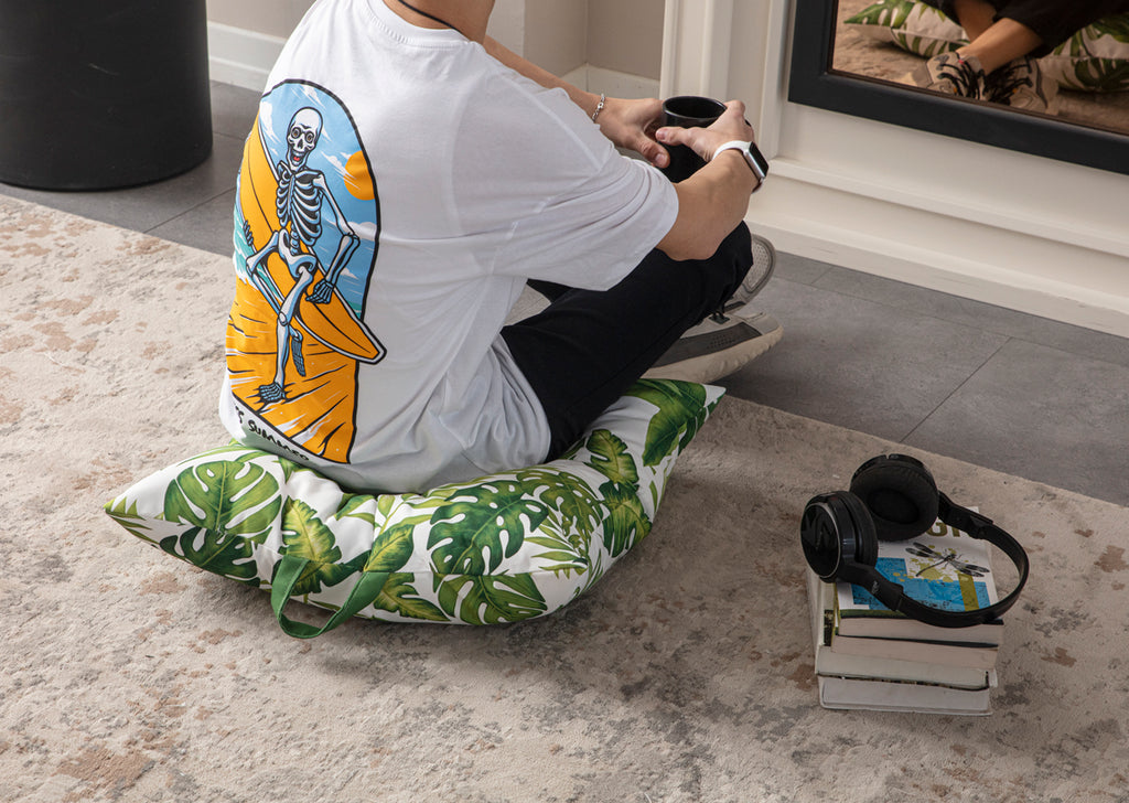 Kare Yer Minderi Aynasız, Dekoratif Puf Minder Kare, Taşınabilir Yastık, Yeşil Yaprak Desenli