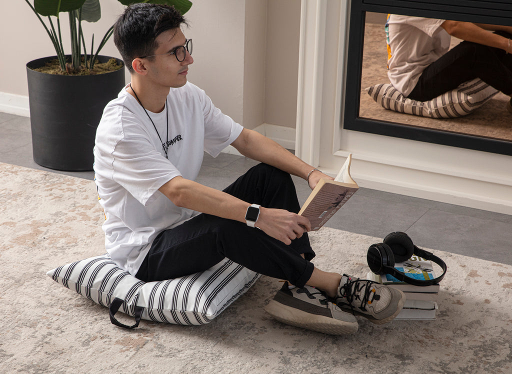 Kare Yer Minderi Aynasız, Dekoratif Puf Minder Kare, Taşınabilir Yastık, Gri Çizgili