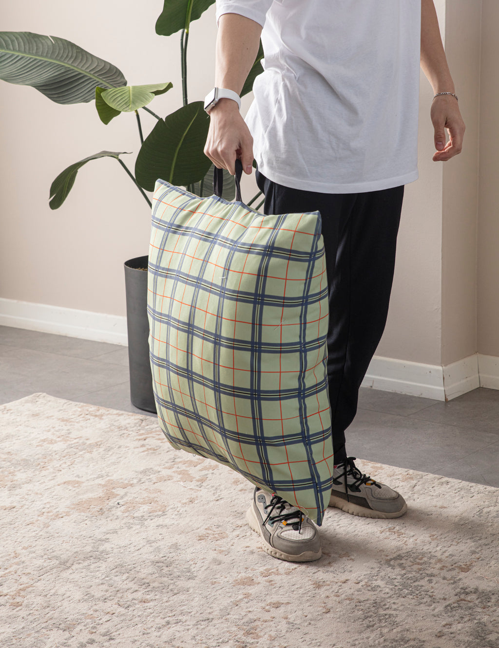 Kare Yer Minderi Aynasız, Dekoratif Puf Minder Kare, Taşınabilir Yastık, Yeşil Ekoseli