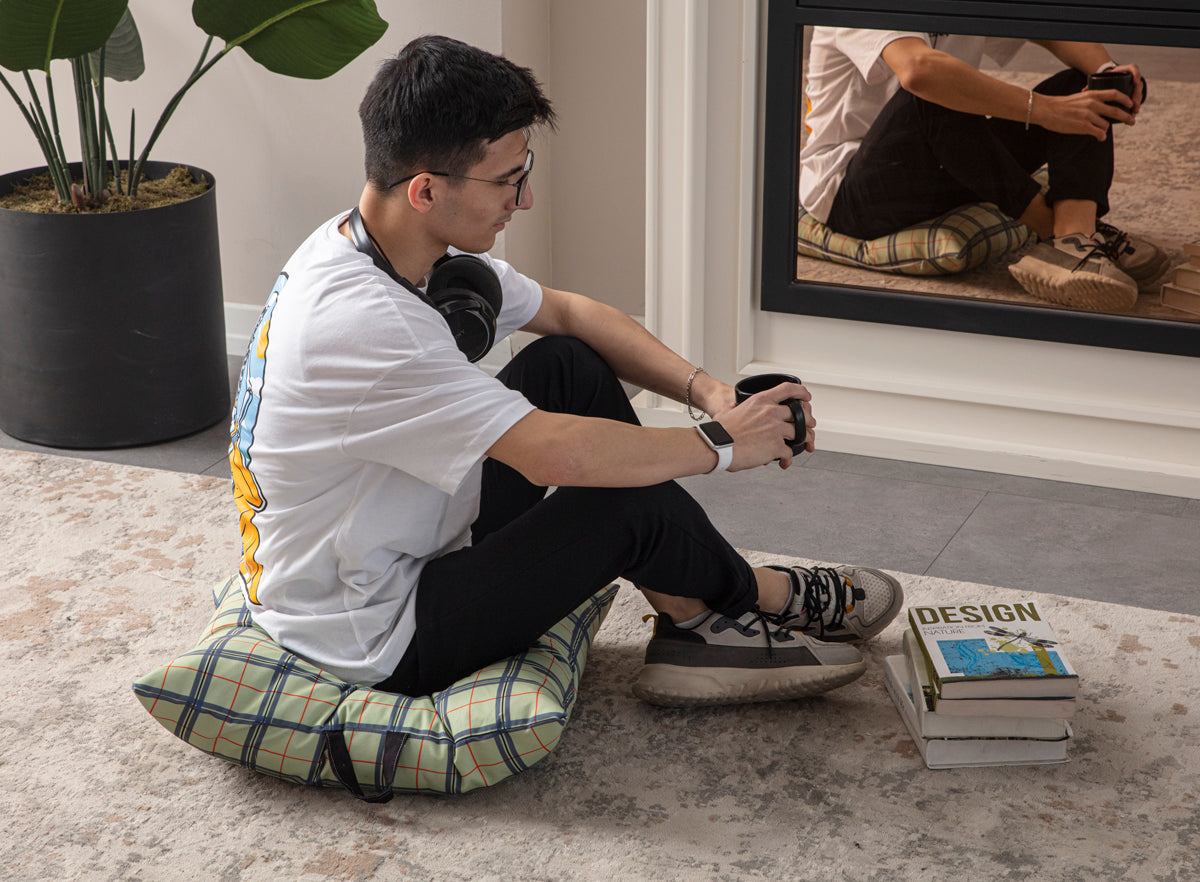 Kare Yer Minderi Aynasız, Dekoratif Puf Minder Kare, Taşınabilir Yastık, Yeşil Ekoseli