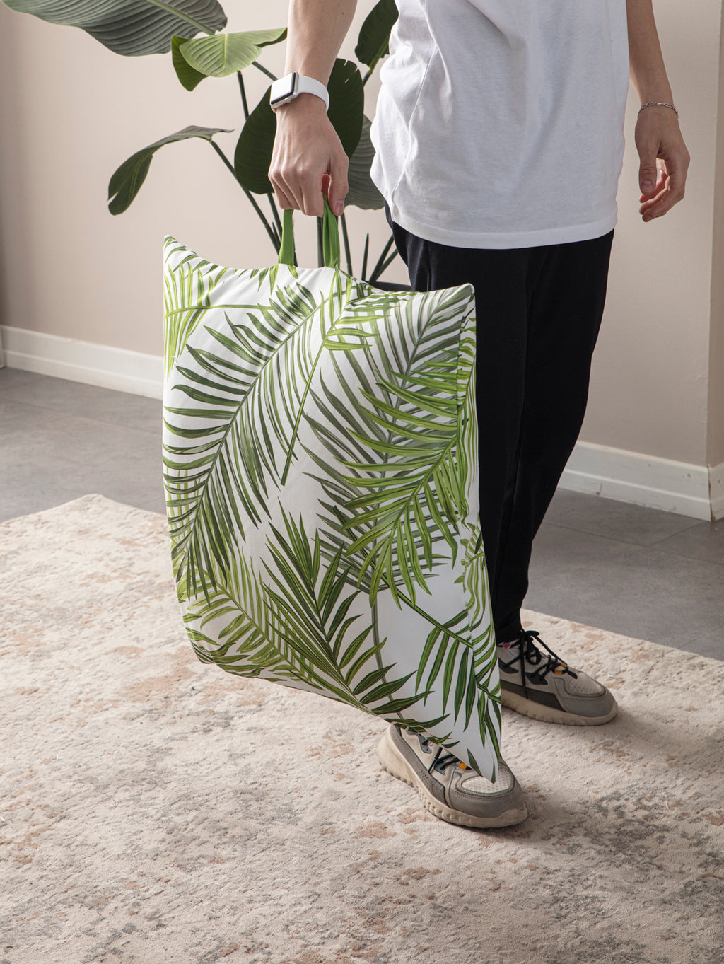 Kare Yer Minderi Aynasız, Dekoratif Puf Minder Kare, Taşınabilir Yastık, Yeşil Palmiye Desenli