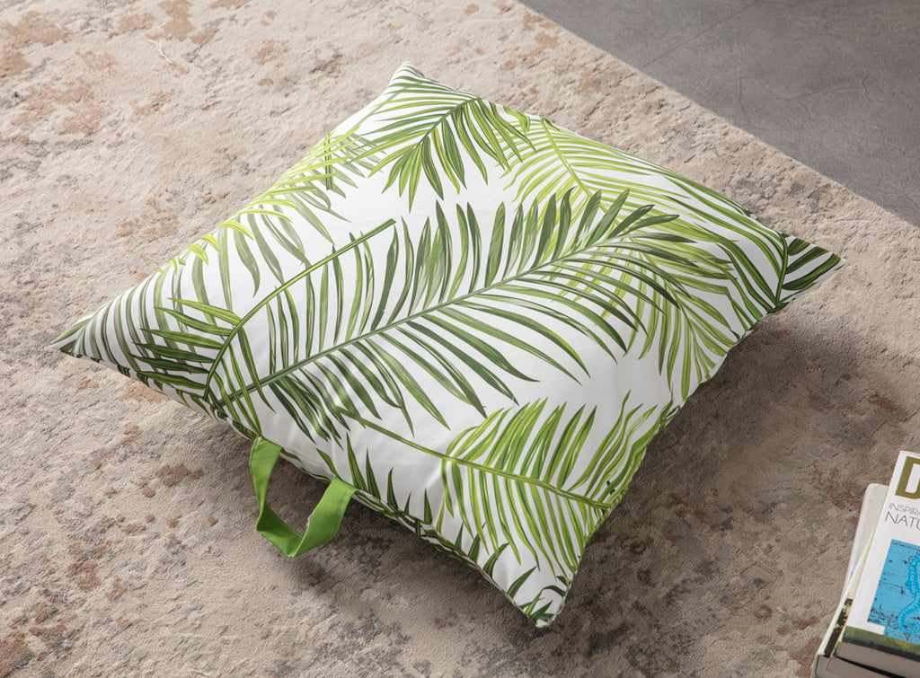 Kare Yer Minderi Aynasız, Dekoratif Puf Minder Kare, Taşınabilir Yastık, Yeşil Palmiye Desenli