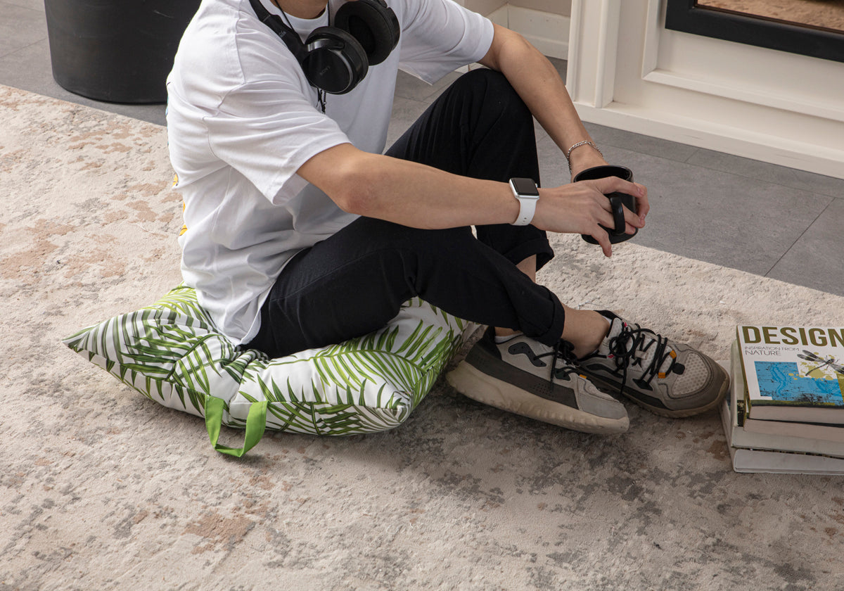 Kare Yer Minderi Aynasız, Dekoratif Puf Minder Kare, Taşınabilir Yastık, Yeşil Palmiye Desenli