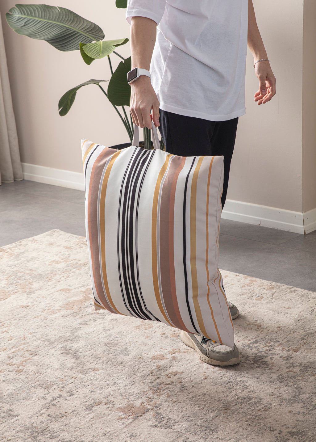 Kare Yer Minderi Aynasız, Dekoratif Puf Minder Kare, Taşınabilir Yastık, Çizgili