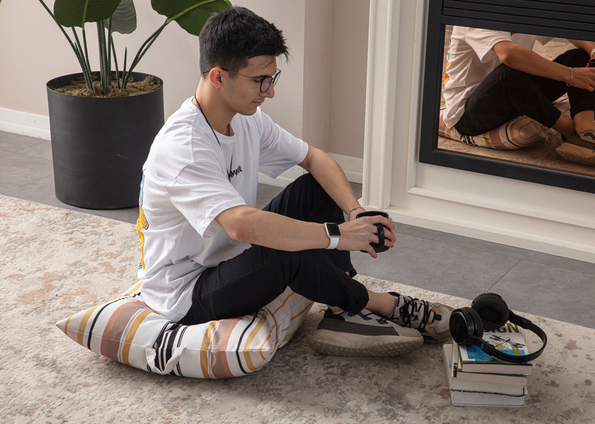 Kare Yer Minderi Aynasız, Dekoratif Puf Minder Kare, Taşınabilir Yastık, Çizgili