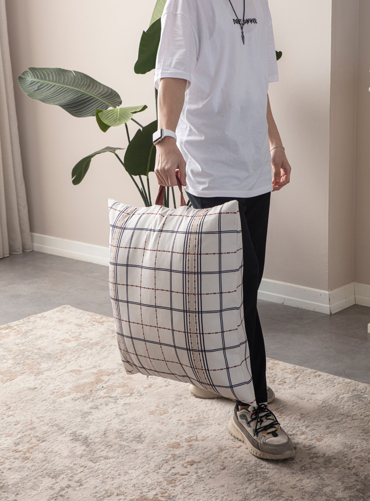 Kare Yer Minderi Aynasız, Dekoratif Puf Minder Kare, Taşınabilir Yastık, Ekoseli