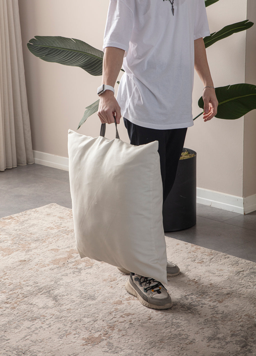 Kare Yer Minderi Aynasız, Dekoratif Puf Minder Kare, Taşınabilir Yastık, Krem