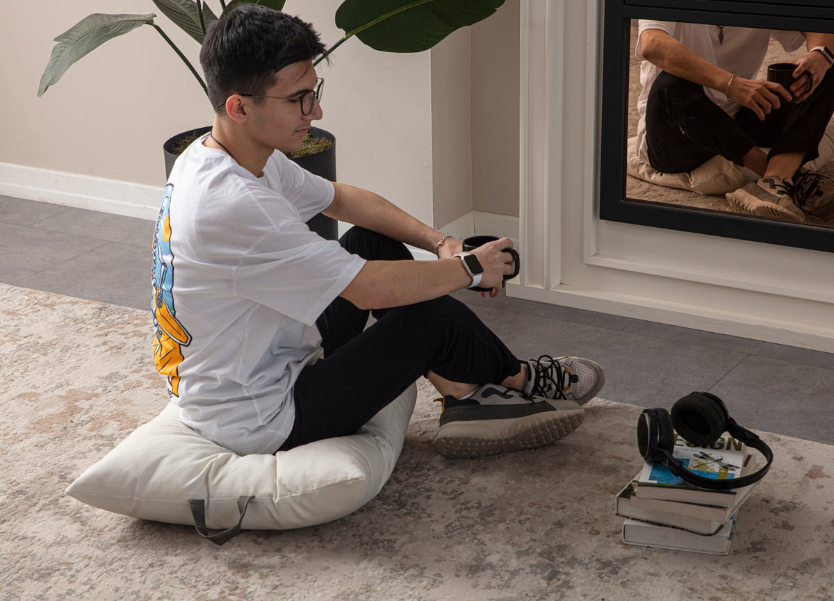 Kare Yer Minderi Aynasız, Dekoratif Puf Minder Kare, Taşınabilir Yastık, Krem