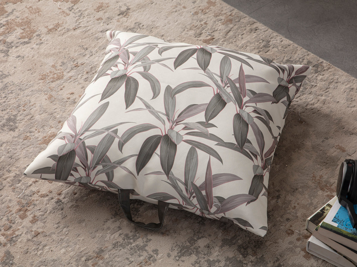 Kare Yer Minderi Aynasız, Dekoratif Puf Minder Kare, Taşınabilir Yastık, Gri Yaprak Desenli