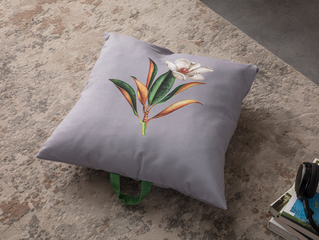 Kare Yer Minderi Aynasız, Dekoratif Puf Minder Kare, Taşınabilir Yastık, Gri Çiçek