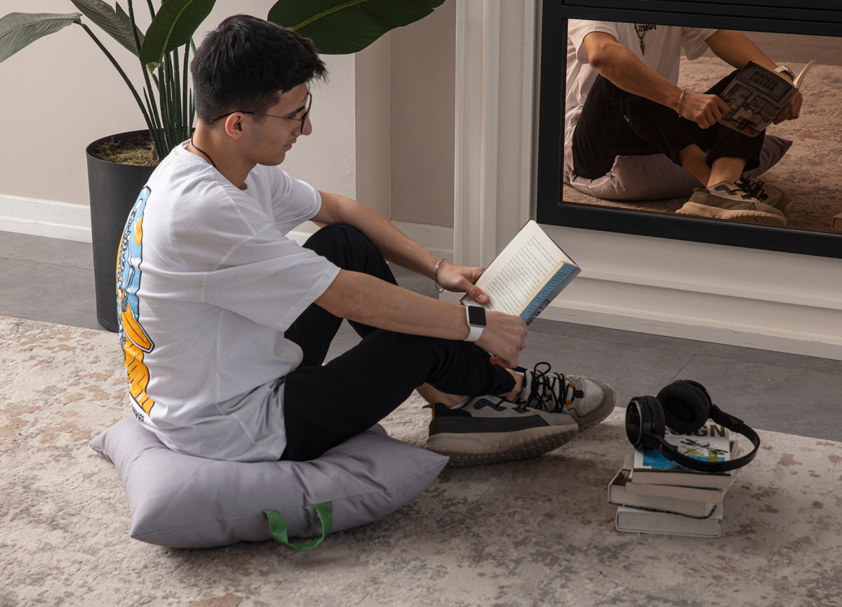 Kare Yer Minderi Aynasız, Dekoratif Puf Minder Kare, Taşınabilir Yastık, Gri Çiçek