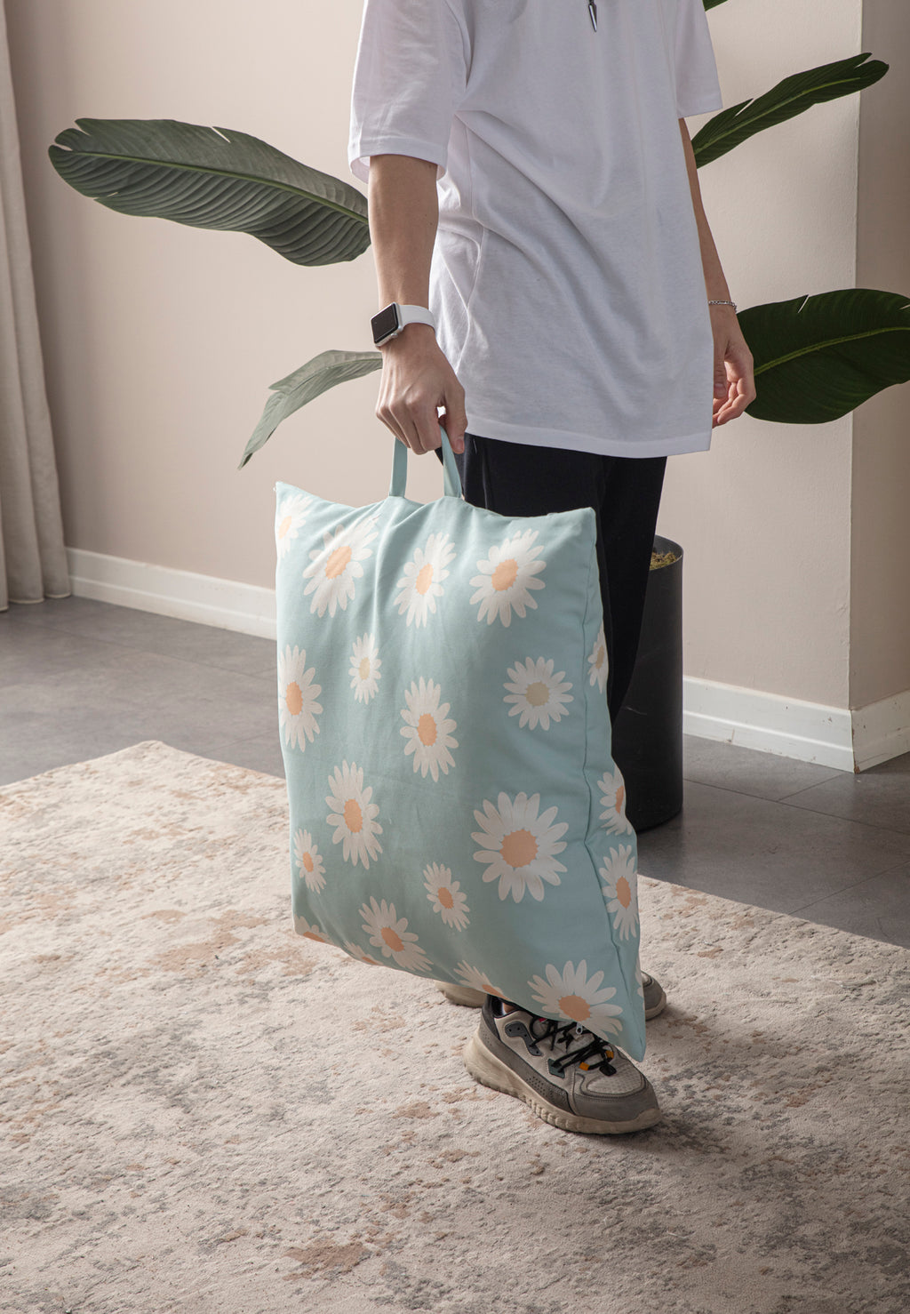 Kare Yer Minderi Aynasız, Dekoratif Puf Minder Kare, Taşınabilir Yastık, Papatya Desenli Turkuaz