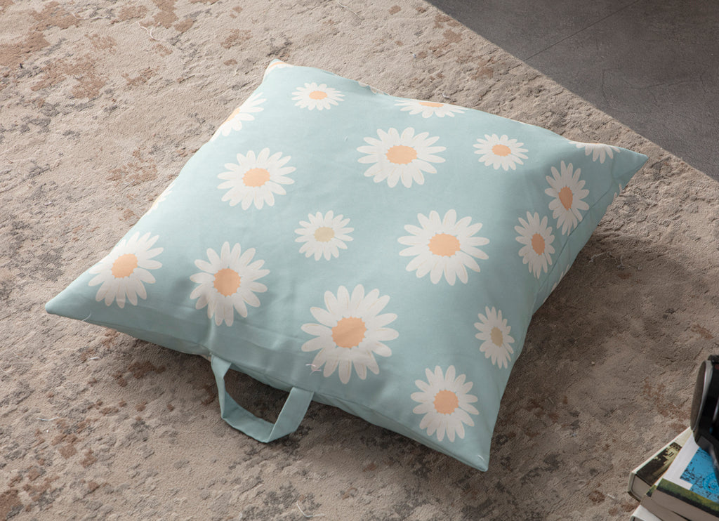 Kare Yer Minderi Aynasız, Dekoratif Puf Minder Kare, Taşınabilir Yastık, Papatya Desenli Turkuaz