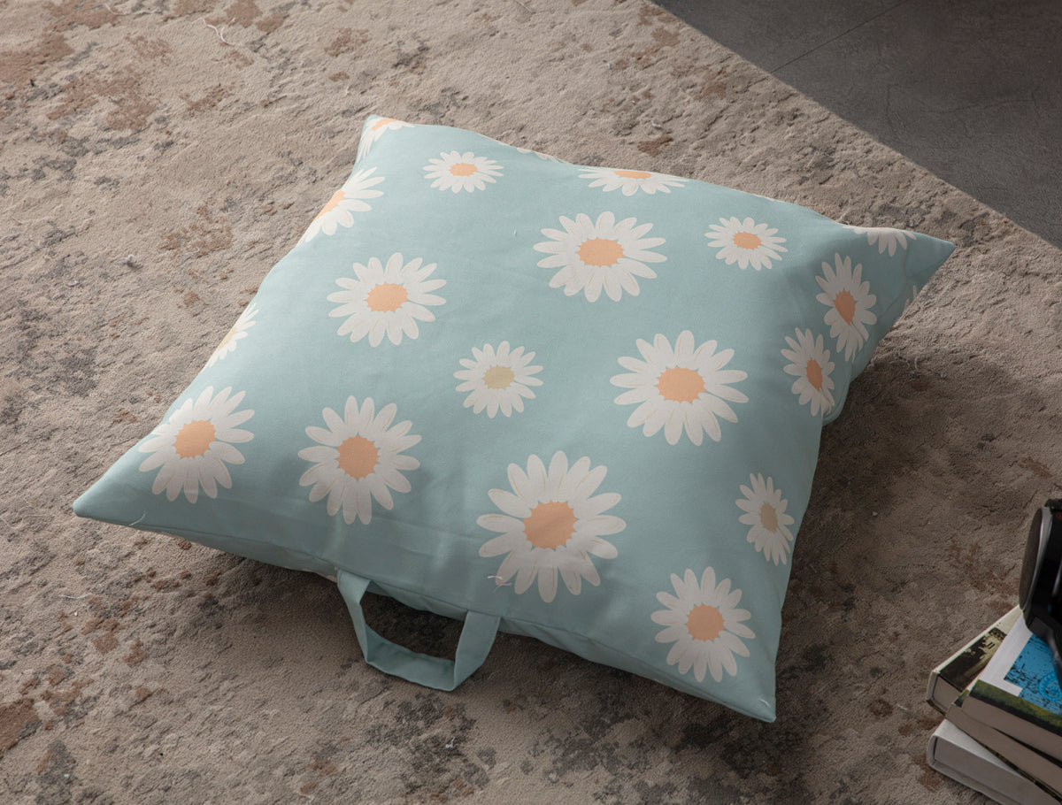 Kare Yer Minderi Aynasız, Dekoratif Puf Minder Kare, Taşınabilir Yastık, Papatya Desenli Turkuaz