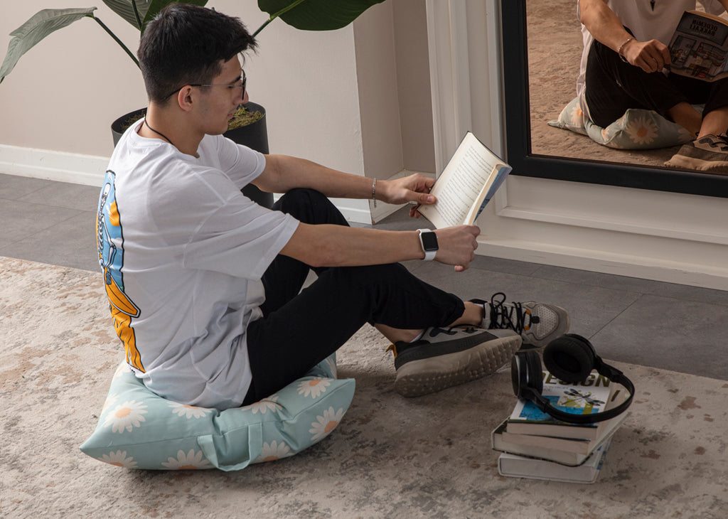 Kare Yer Minderi Aynasız, Dekoratif Puf Minder Kare, Taşınabilir Yastık, Papatya Desenli Turkuaz