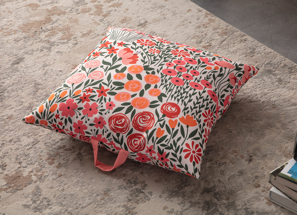 Kare Yer Minderi Aynasız, Dekoratif Puf Minder Kare, Taşınabilir Yastık, Pembe Çiçekli