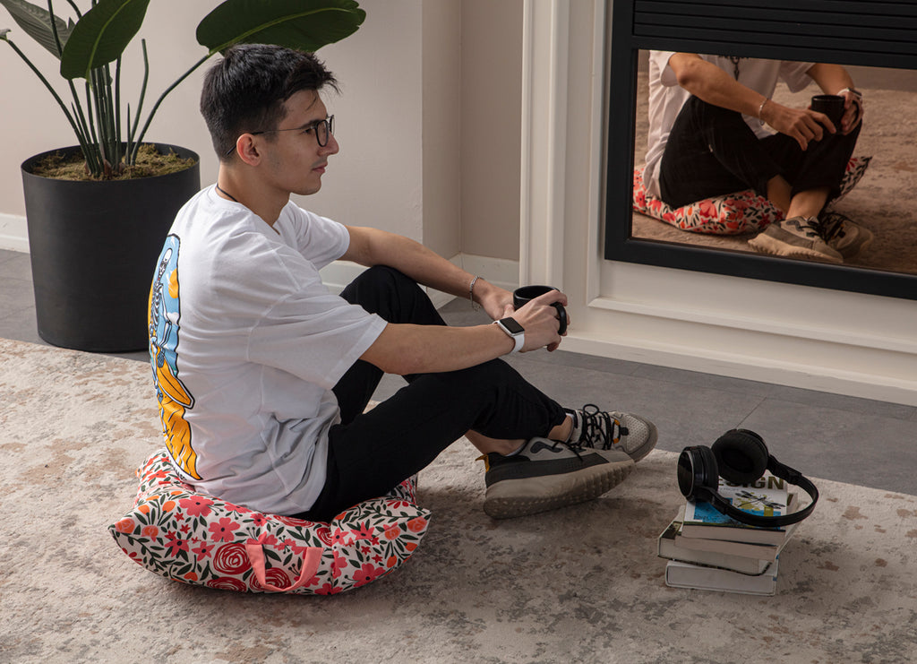 Kare Yer Minderi Aynasız, Dekoratif Puf Minder Kare, Taşınabilir Yastık, Pembe Çiçekli