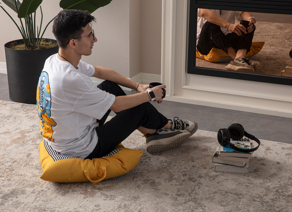 Kare Yer Minderi Aynasız, Dekoratif Puf Minder Kare, Taşınabilir Yastık, Sarı