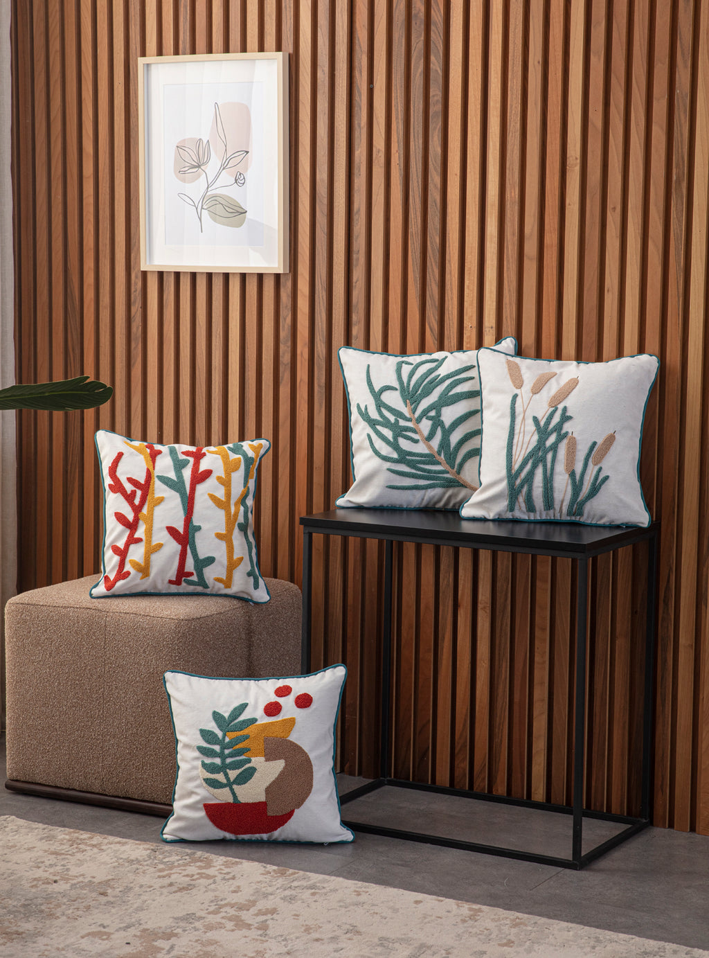 4'lü Kombin Dekoratif Punch İşlemeli Biyeli Keten Kırlent Kılıfı, 43x43cm