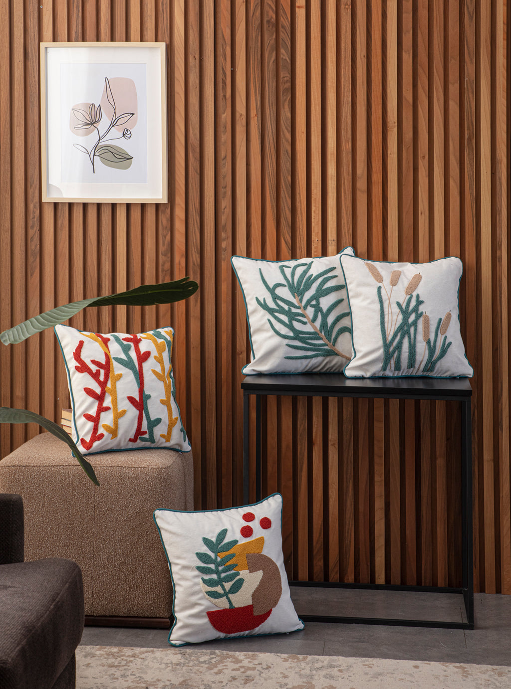 4'lü Kombin Dekoratif Punch İşlemeli Biyeli Keten Kırlent Kılıfı, 43x43cm