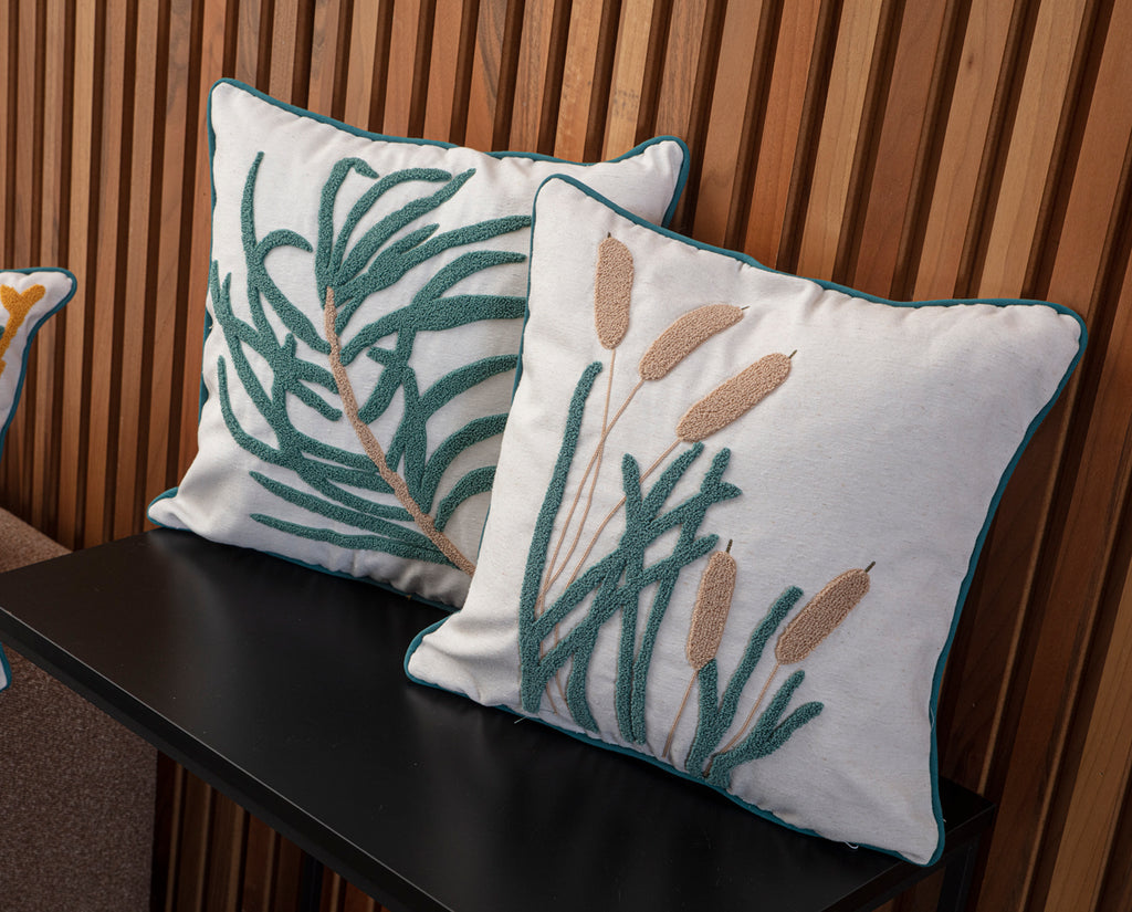 4'lü Kombin Dekoratif Punch İşlemeli Biyeli Keten Kırlent Kılıfı, 43x43cm