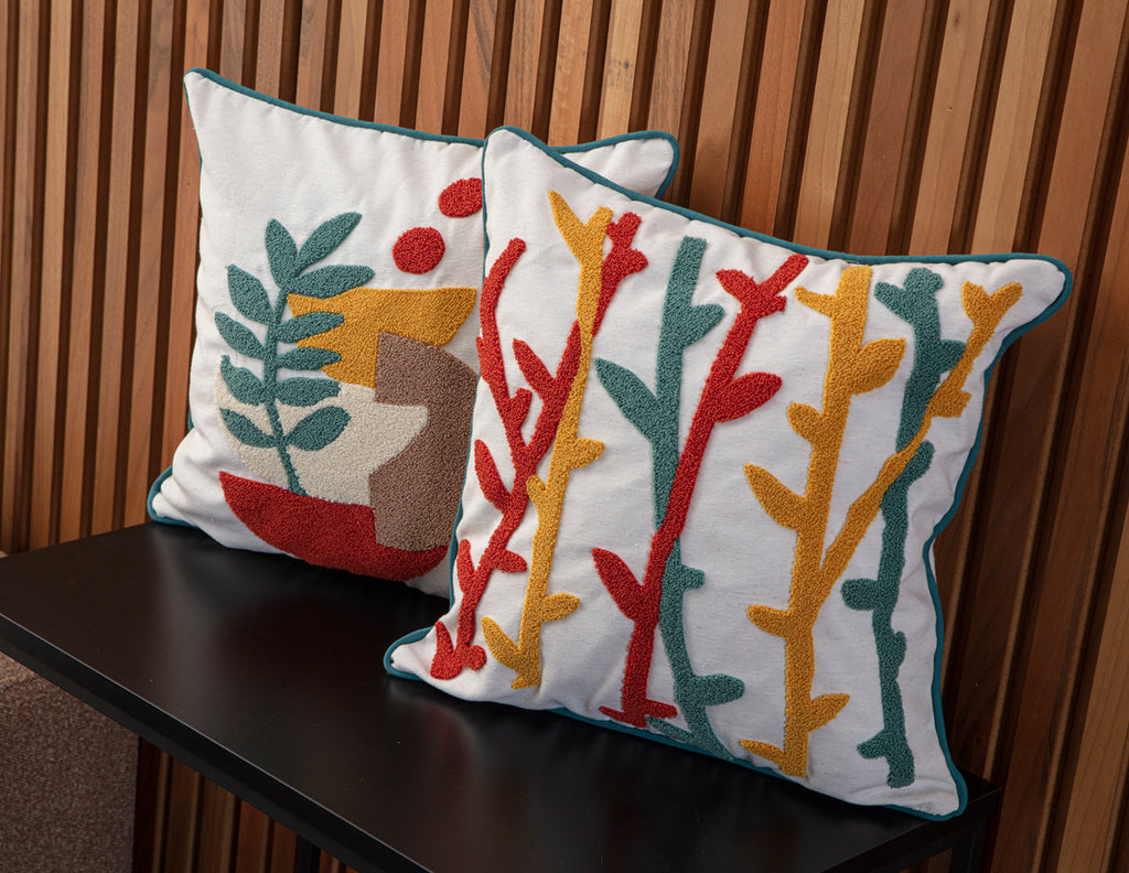 4'lü Kombin Dekoratif Punch İşlemeli Biyeli Keten Kırlent Kılıfı, 43x43cm