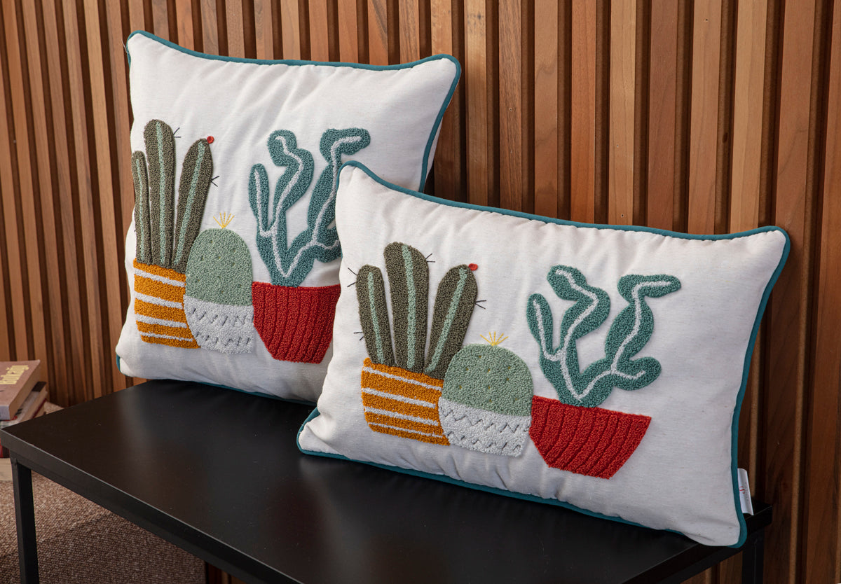 Dekoratif Punch İşlemeli Keten Kırlent Kılıfı, Saksı Desenli