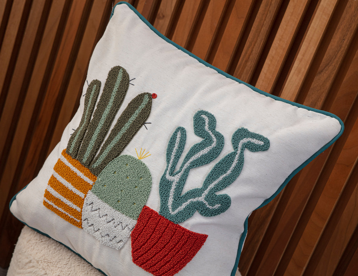 Dekoratif Punch İşlemeli Keten Kırlent Kılıfı, Saksı Desenli