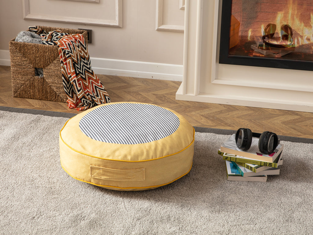 Yuvarlak Dekoratif Bahçe Minderi, Balkon Pufu 60x60cm - Sarı Desenli