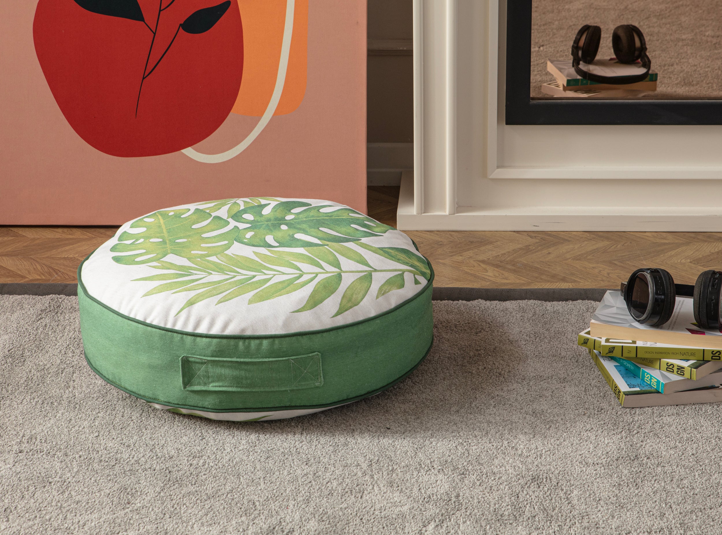 Yuvarlak Dekoratif Bahçe Minderi, Balkon Pufu 60x60cm, Yeşil Yaprak Desenli