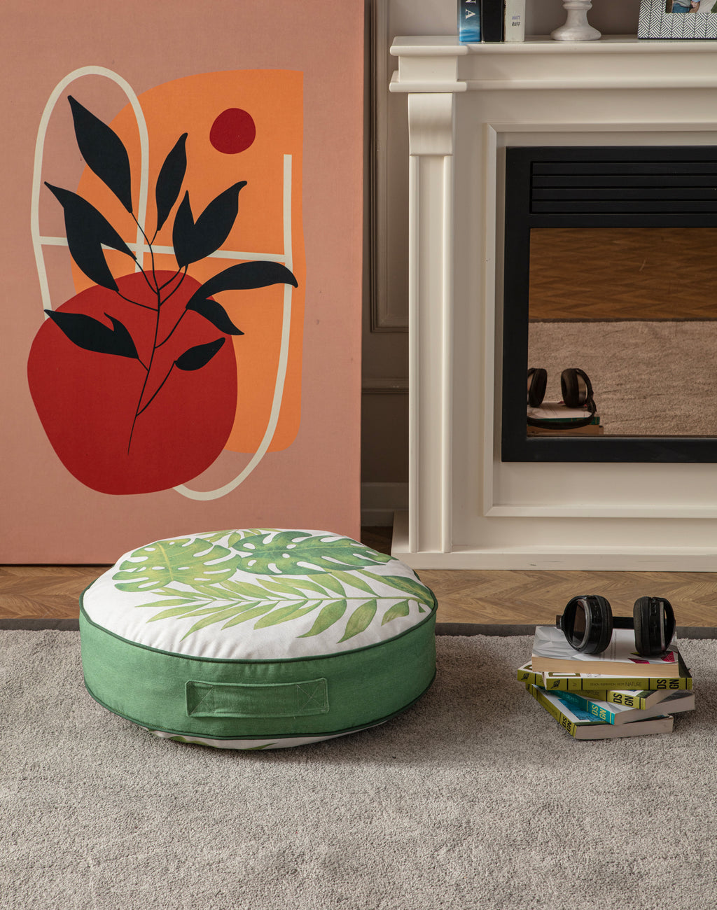 Yuvarlak Dekoratif Bahçe Minderi, Balkon Pufu 60x60cm, Yeşil Yaprak Desenli