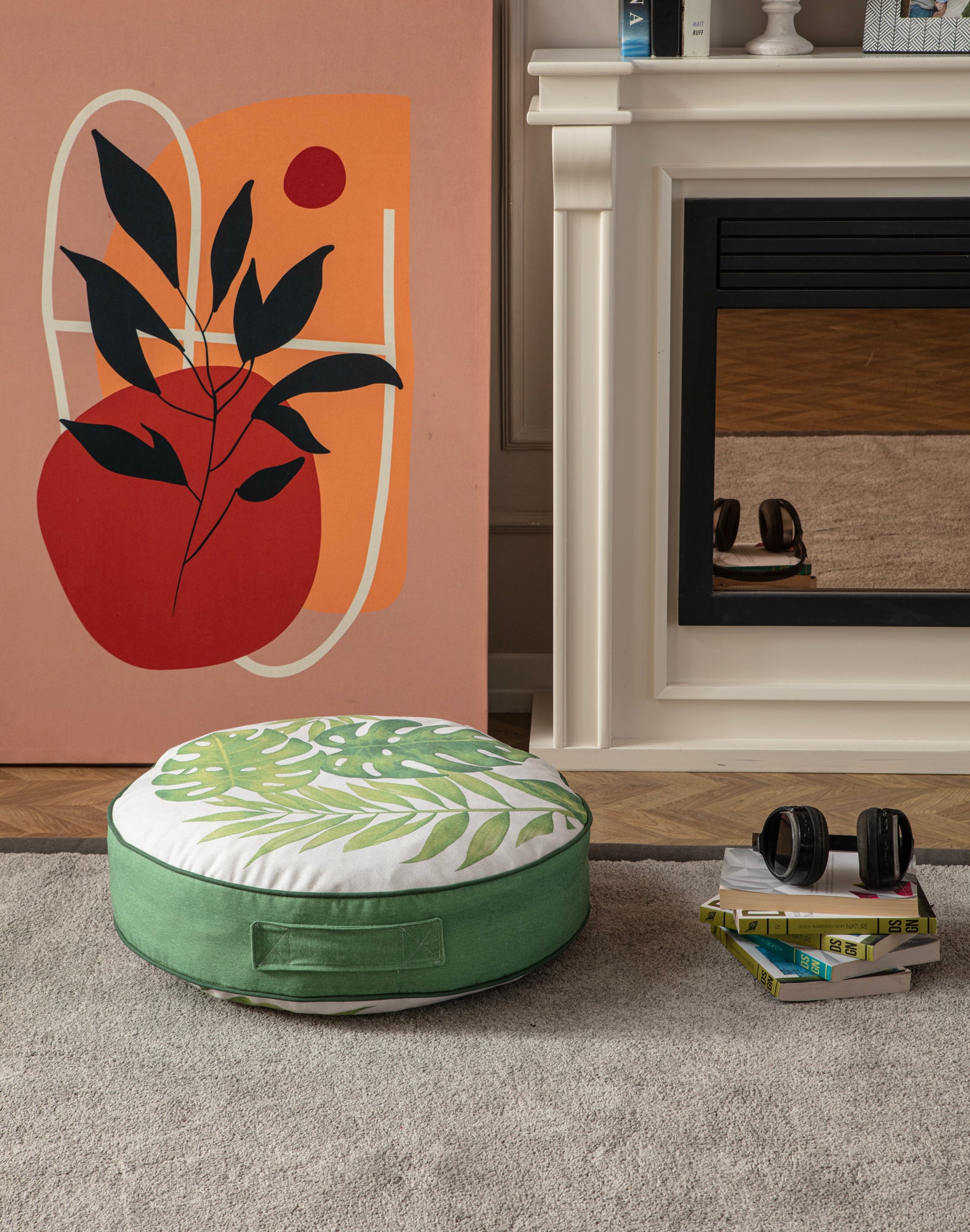 Yuvarlak Dekoratif Bahçe Minderi, Balkon Pufu 60x60cm, Yeşil Yaprak Desenli