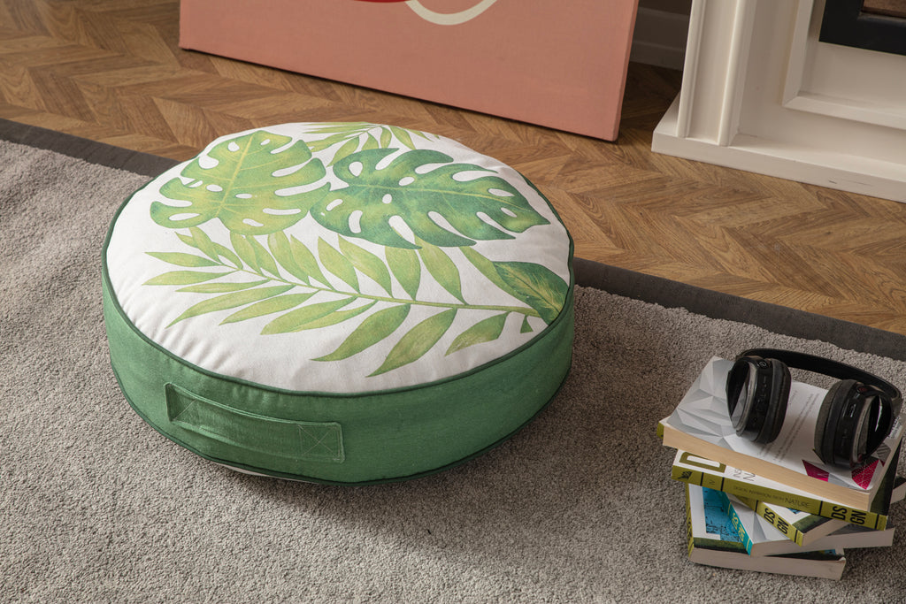 Yuvarlak Dekoratif Bahçe Minderi, Balkon Pufu 60x60cm, Yeşil Yaprak Desenli