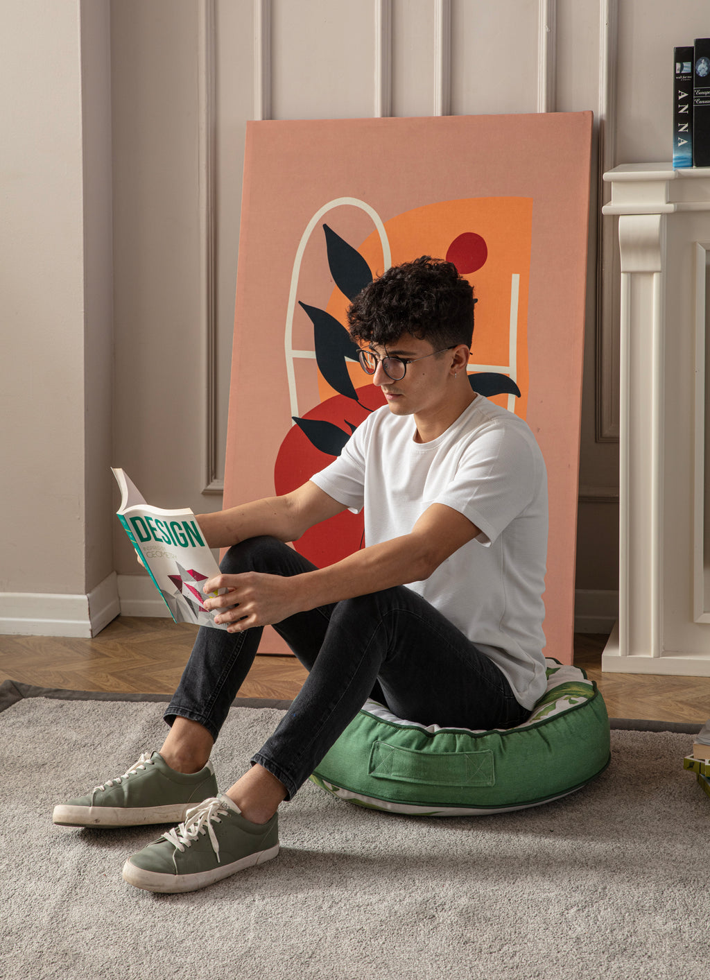 Yuvarlak Dekoratif Bahçe Minderi, Balkon Pufu 60x60cm, Yeşil Yaprak Desenli