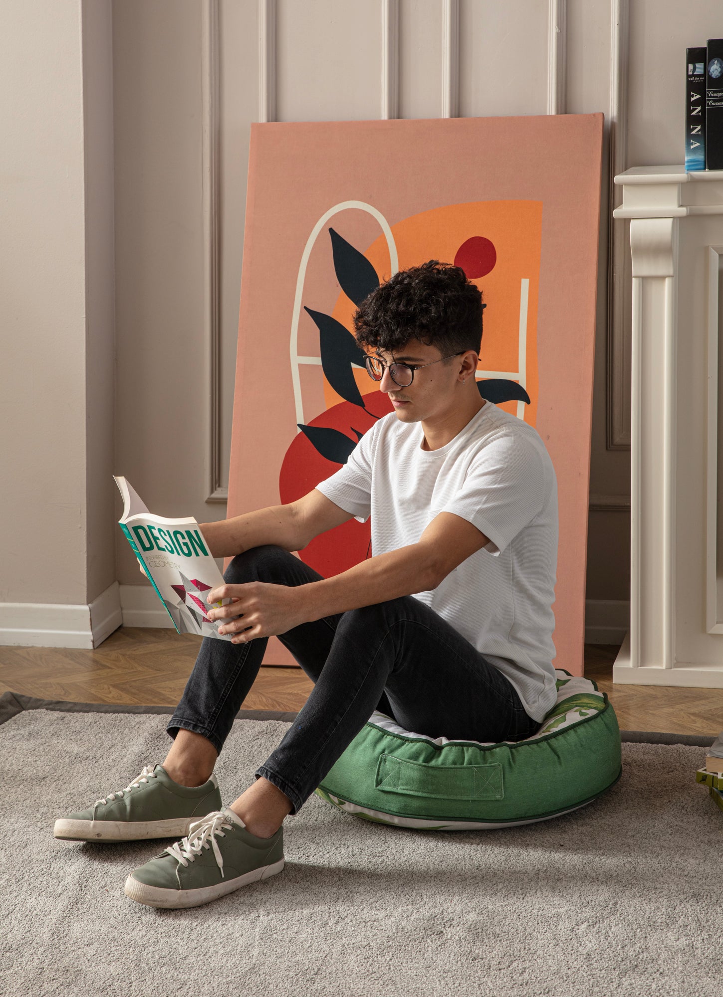 Yuvarlak Dekoratif Bahçe Minderi, Balkon Pufu 60x60cm, Yeşil Yaprak Desenli