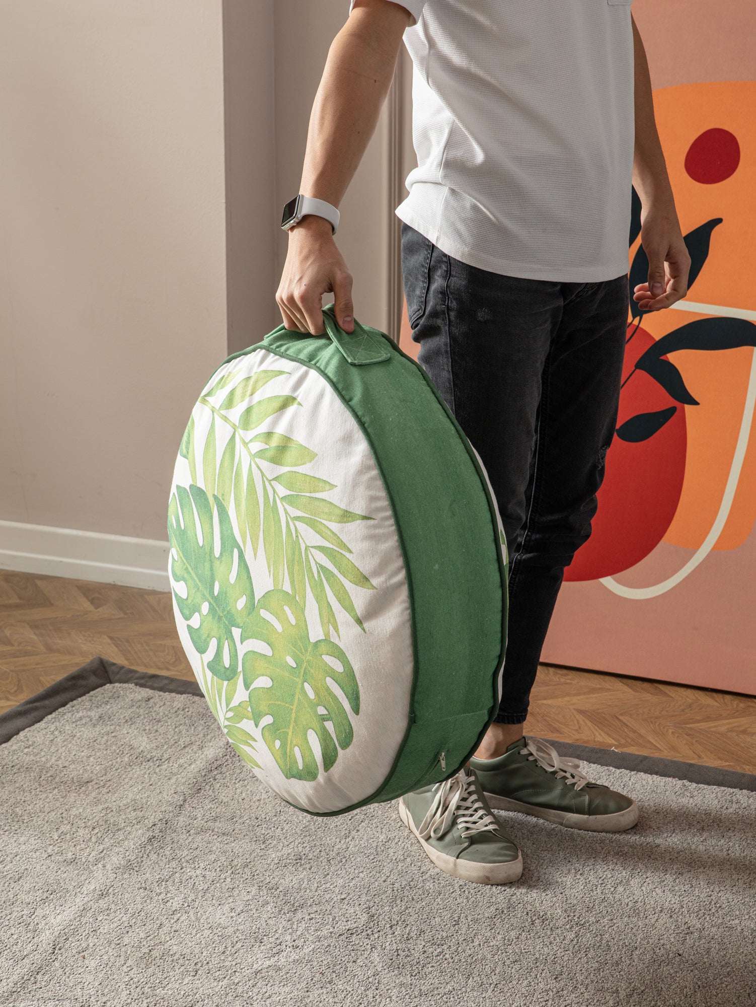 Yuvarlak Dekoratif Bahçe Minderi, Balkon Pufu 60x60cm, Yeşil Yaprak Desenli