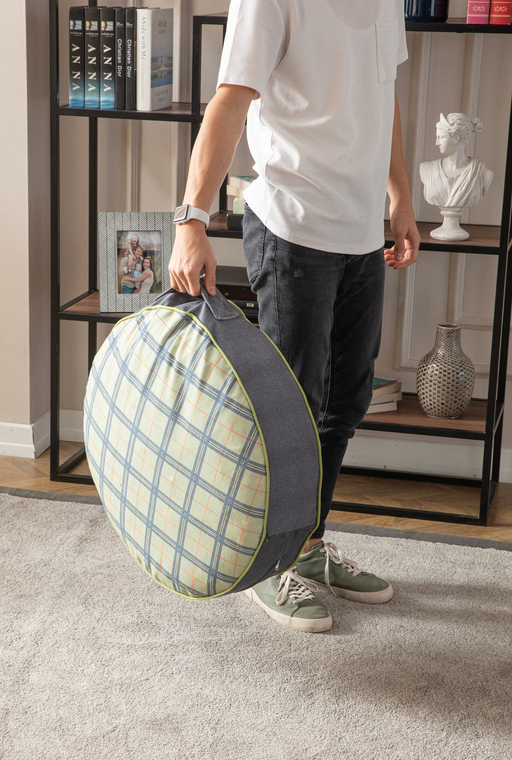 Yuvarlak Dekoratif Bahçe Minderi, Balkon Pufu 60x60cm, Yeşil Ekoseli Desenli