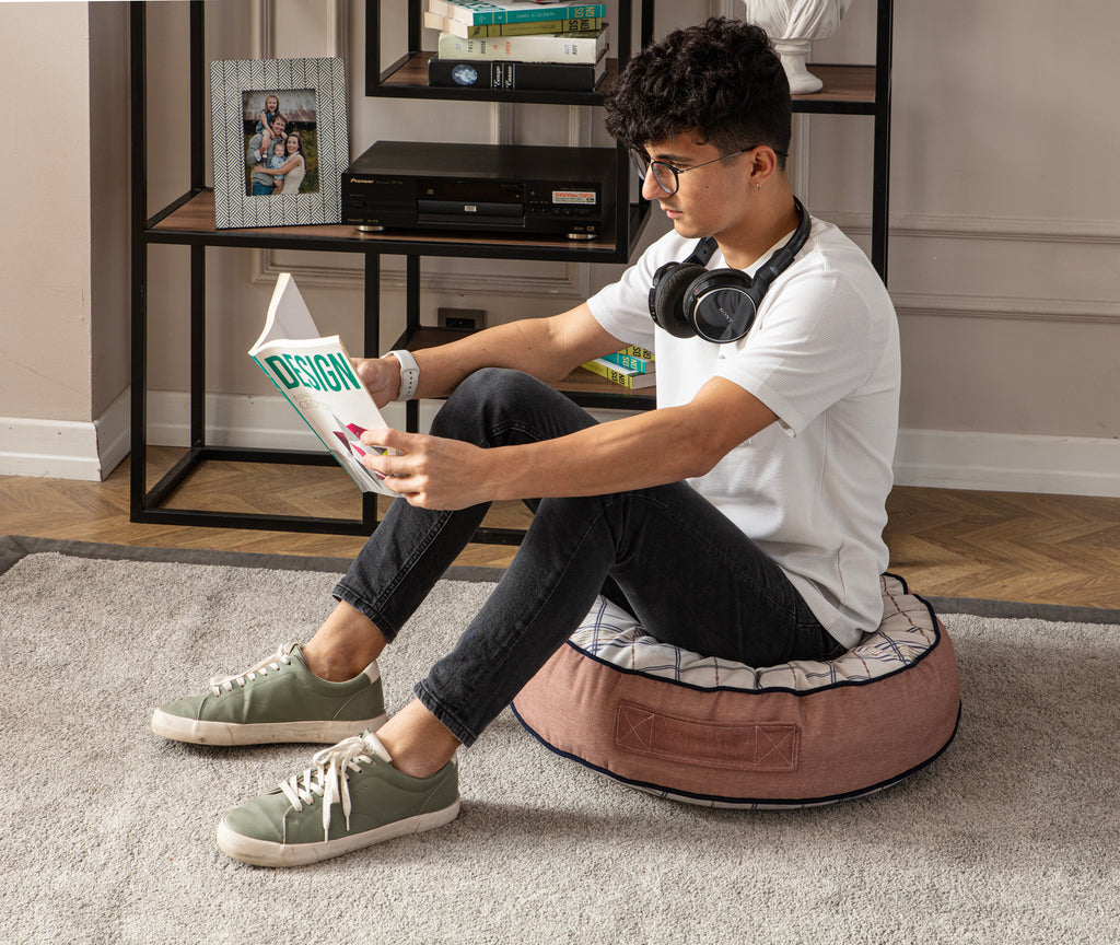 Yuvarlak Dekoratif Bahçe Minderi, Balkon Pufu 60x60cm - Ekoseli