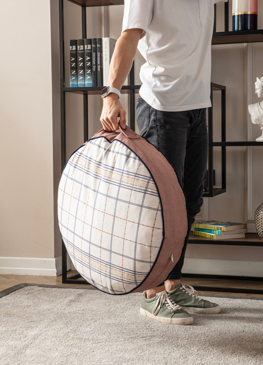 Yuvarlak Dekoratif Bahçe Minderi, Balkon Pufu 60x60cm - Ekoseli