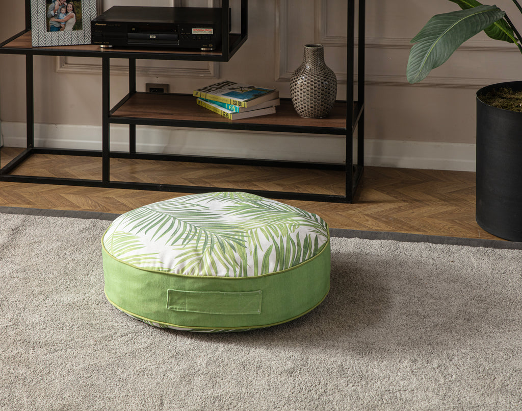 Yuvarlak Dekoratif Bahçe Minderi, Balkon Pufu 60x60cm, Palmiye Yaprağı Desenli