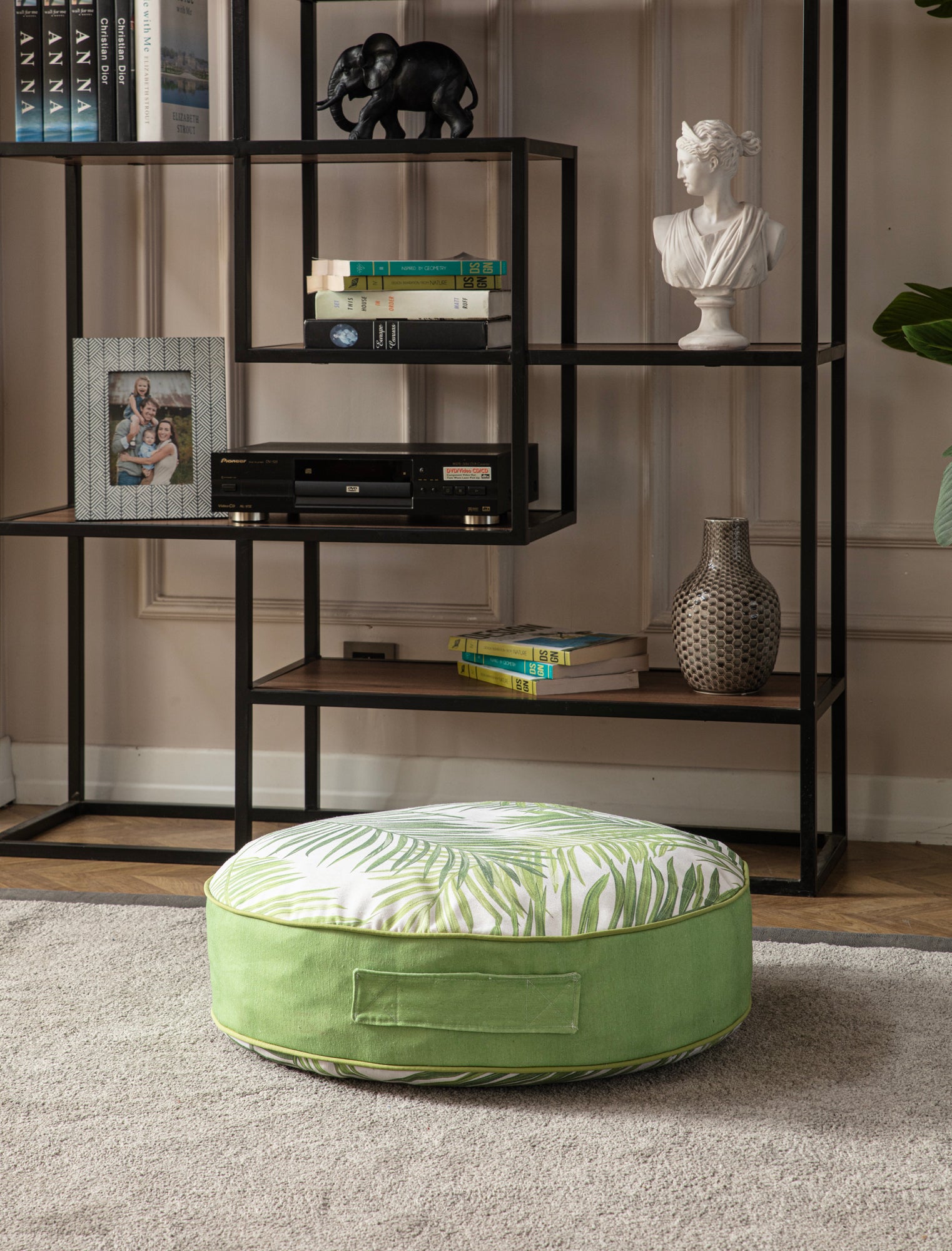 Yuvarlak Dekoratif Bahçe Minderi, Balkon Pufu 60x60cm, Palmiye Yaprağı Desenli