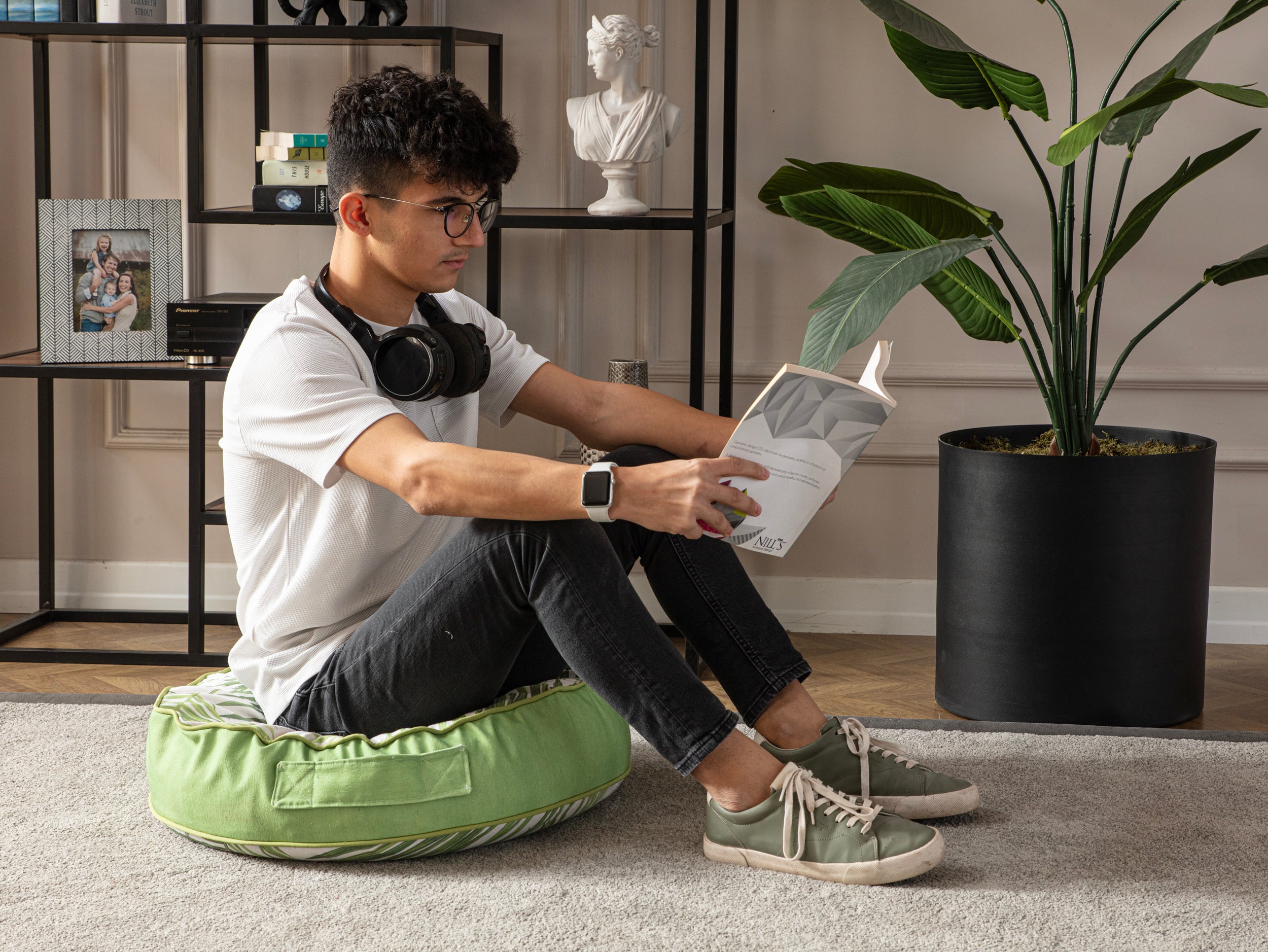 Yuvarlak Dekoratif Bahçe Minderi, Balkon Pufu 60x60cm, Palmiye Yaprağı Desenli