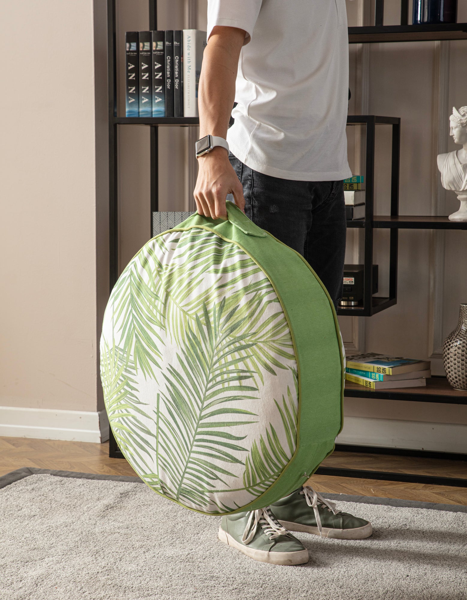 Yuvarlak Dekoratif Bahçe Minderi, Balkon Pufu 60x60cm, Palmiye Yaprağı Desenli