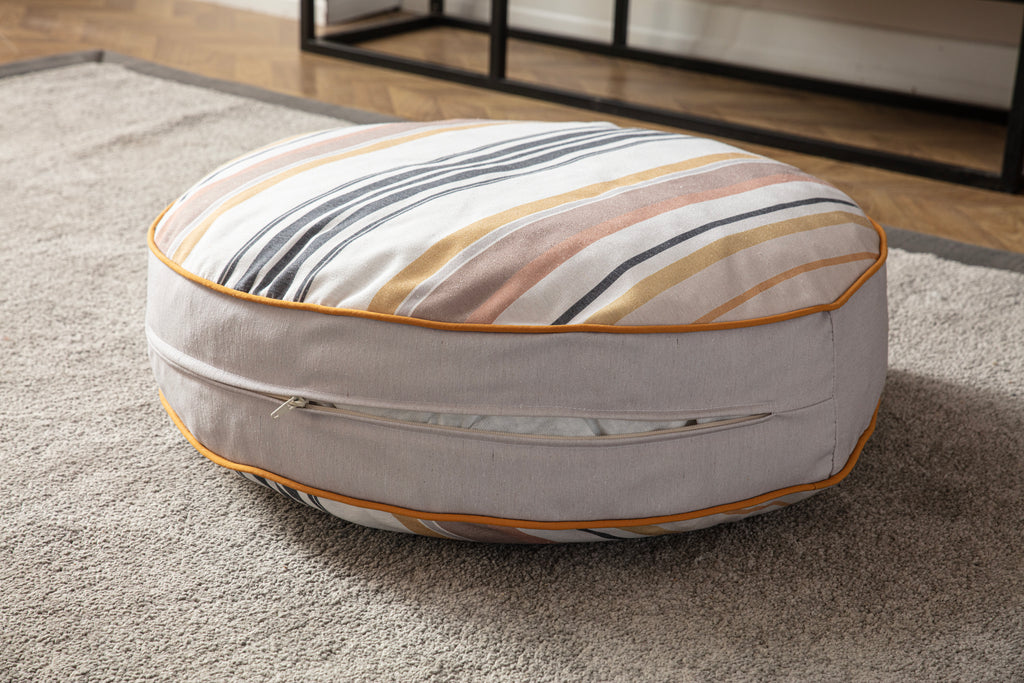 Yuvarlak Dekoratif Bahçe Minderi, Balkon Pufu 60x60cm, Kahve Çizgili