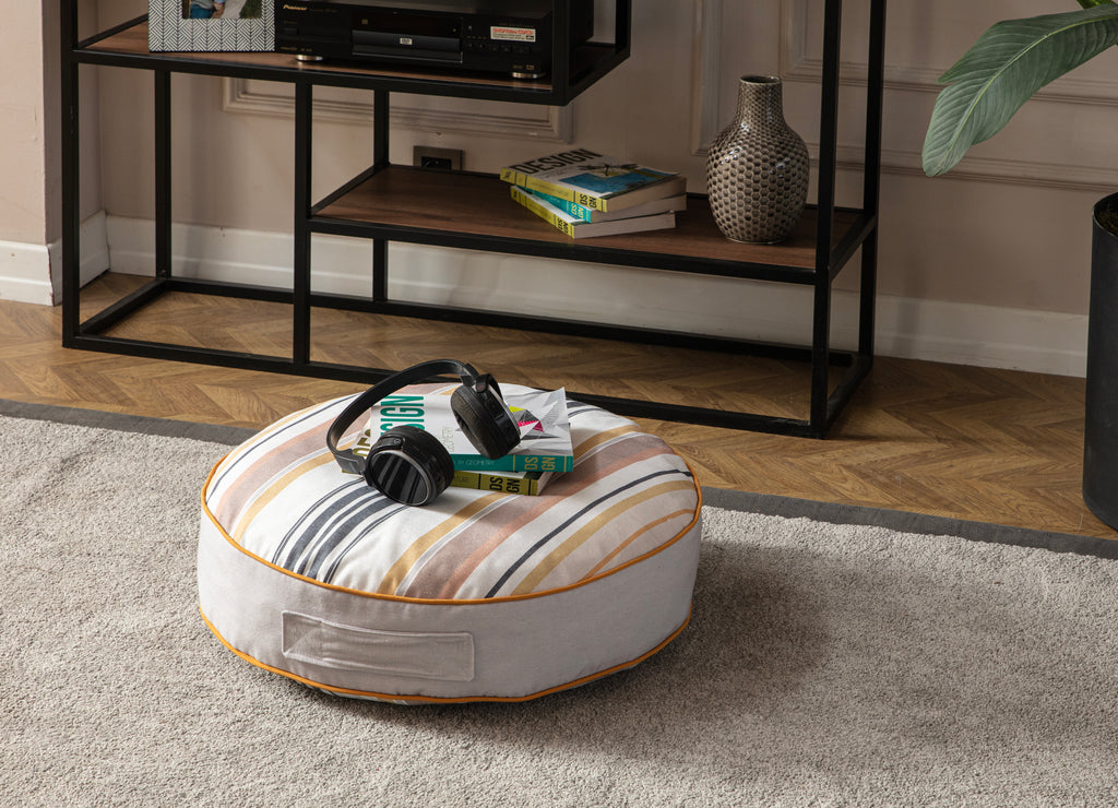 Yuvarlak Dekoratif Bahçe Minderi, Balkon Pufu 60x60cm, Kahve Çizgili