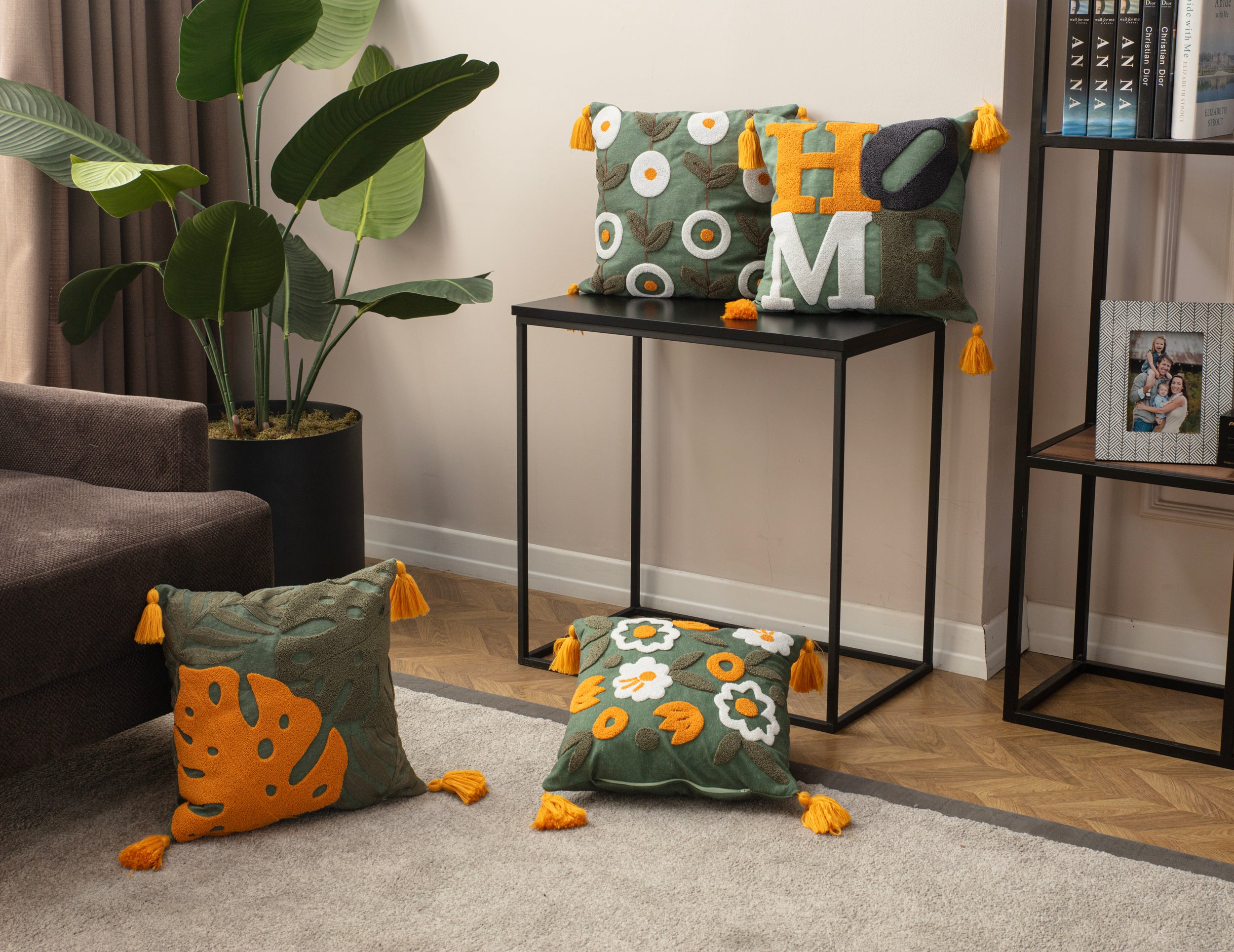 4'lü Kombin Dekoratif Punch İşlemeli Püsküllü Kırlent Kılıfı